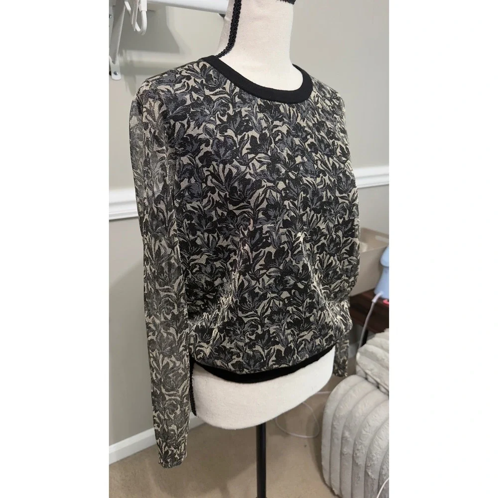 Tory Burch Merino Wool Metallic Floral Jacquard Mixed Sweater Black Small 287